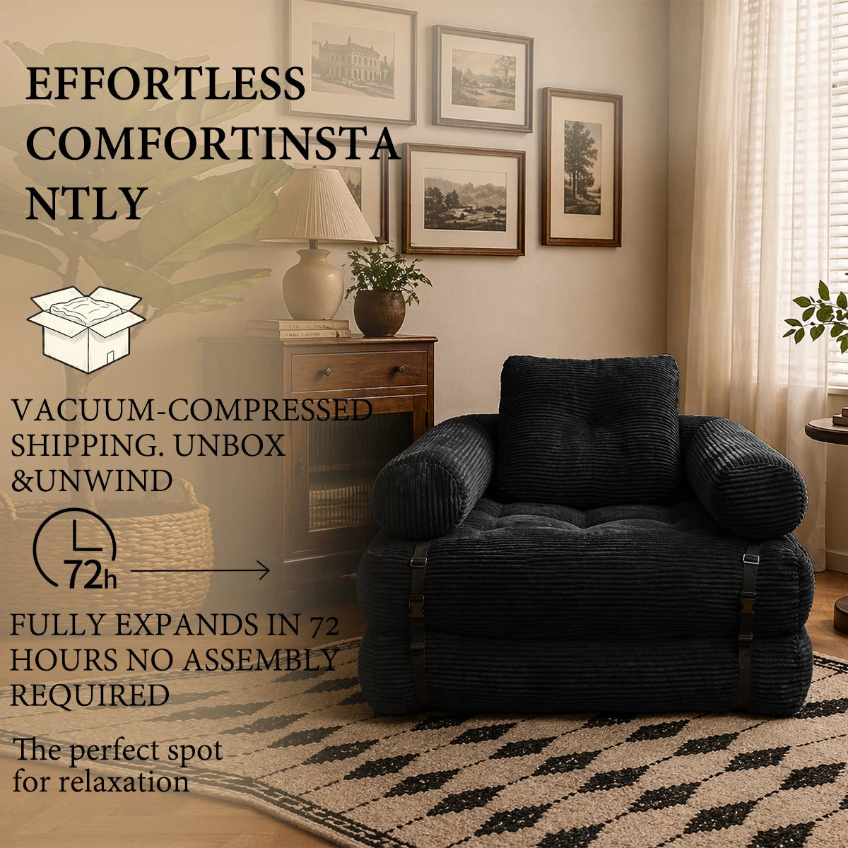 70.8" Oversized Corduroy Recliner Chair, Black Striped Chenille Single Sofa, Plush Deep Seat Lounge Armchair for Living Room Bedroom