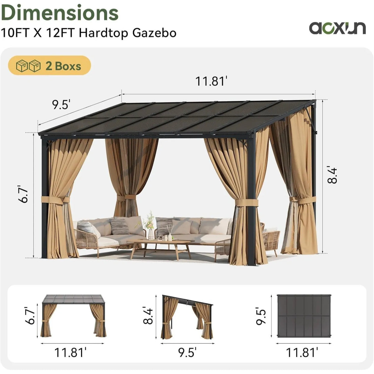 Aoxun 10'x12' Wall Mounted Pergola Gazebo Brown, Sloped Polycarbonate Roof Lean-To Canopy with Curtains & Mosquito Net, Aluminum Frame Outdoor Shelter for Porch Deck Backyard