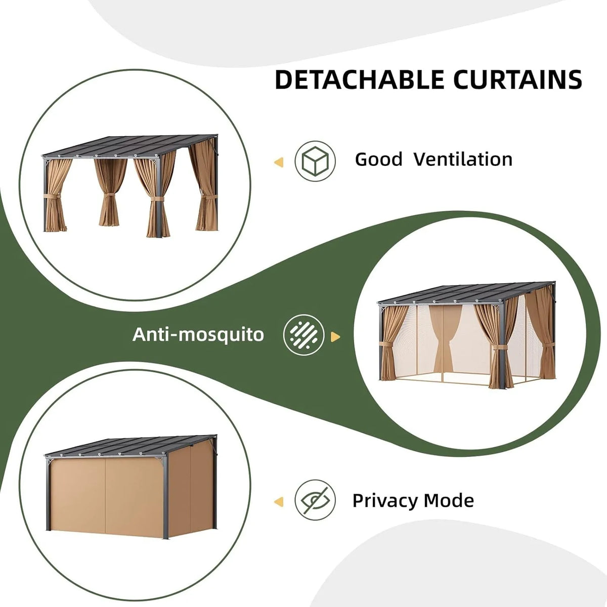 Aoxun 10'x12' Wall Mounted Pergola Gazebo Brown, Sloped Polycarbonate Roof Lean-To Canopy with Curtains & Mosquito Net, Aluminum Frame Outdoor Shelter for Porch Deck Backyard
