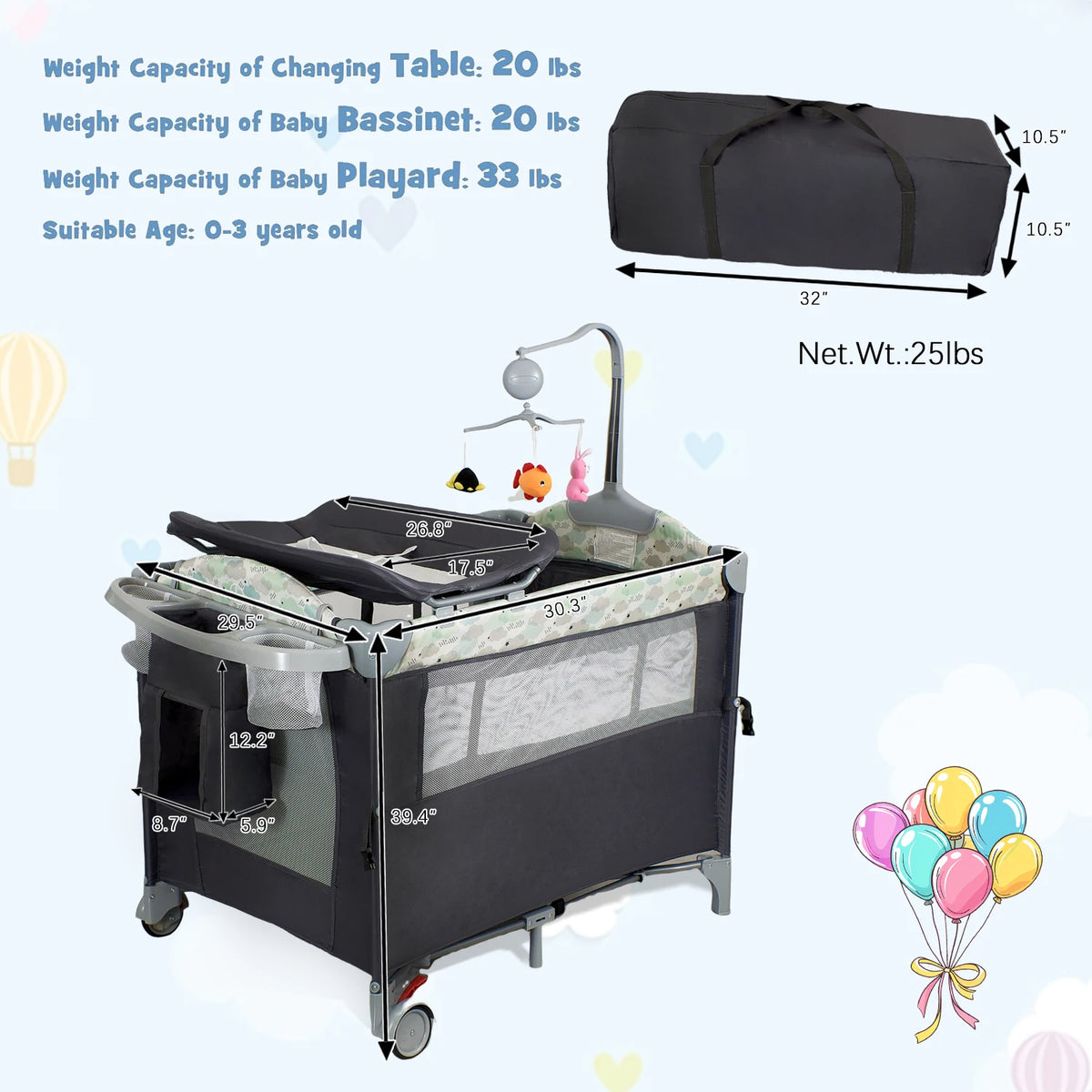Pack n Play,Playard Bassinet with Changing Table Lockable Wheels Music Box Pack and Play Foldable Playard for Infant to Toddler