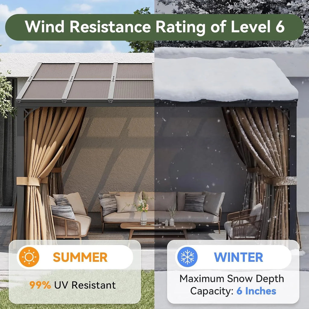 Aoxun 10'x12' Wall Mounted Pergola Gazebo Brown, Sloped Polycarbonate Roof Lean-To Canopy with Curtains & Mosquito Net, Aluminum Frame Outdoor Shelter for Porch Deck Backyard