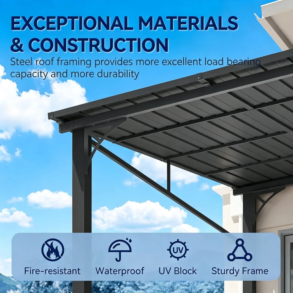 Nordivale 10'x14' Wall Mounted Pergola Gazebo Dark Sloped Galvanized Steel Roof Lean-To Canopy Heavy Duty Outdoor Awning Shelter for Patio Porch Backyard