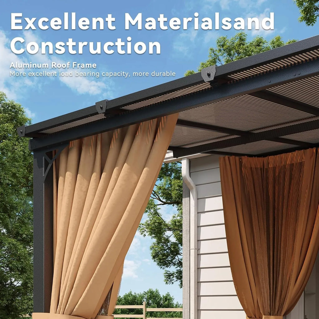 Aoxun 10'x12' Wall Mounted Pergola Gazebo Brown, Sloped Polycarbonate Roof Lean-To Canopy with Curtains & Mosquito Net, Aluminum Frame Outdoor Shelter for Porch Deck Backyard