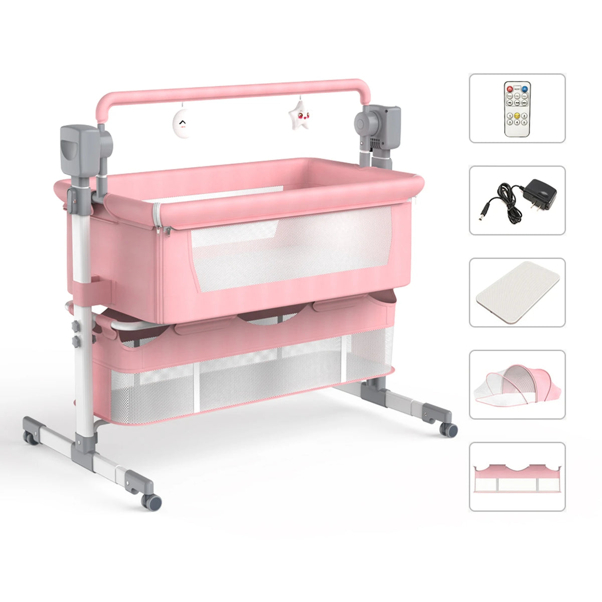 Bassinet for Baby,Automatic Rocking Bassinet with Remote,Wheels, Newborn Bedside Sleeper,Co-sleeper suit 0-6M, Travel Baby Cribs