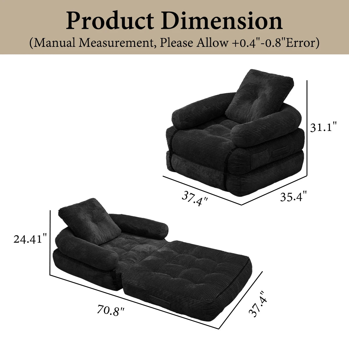 70.8" Oversized Corduroy Recliner Chair, Black Striped Chenille Single Sofa, Plush Deep Seat Lounge Armchair for Living Room Bedroom