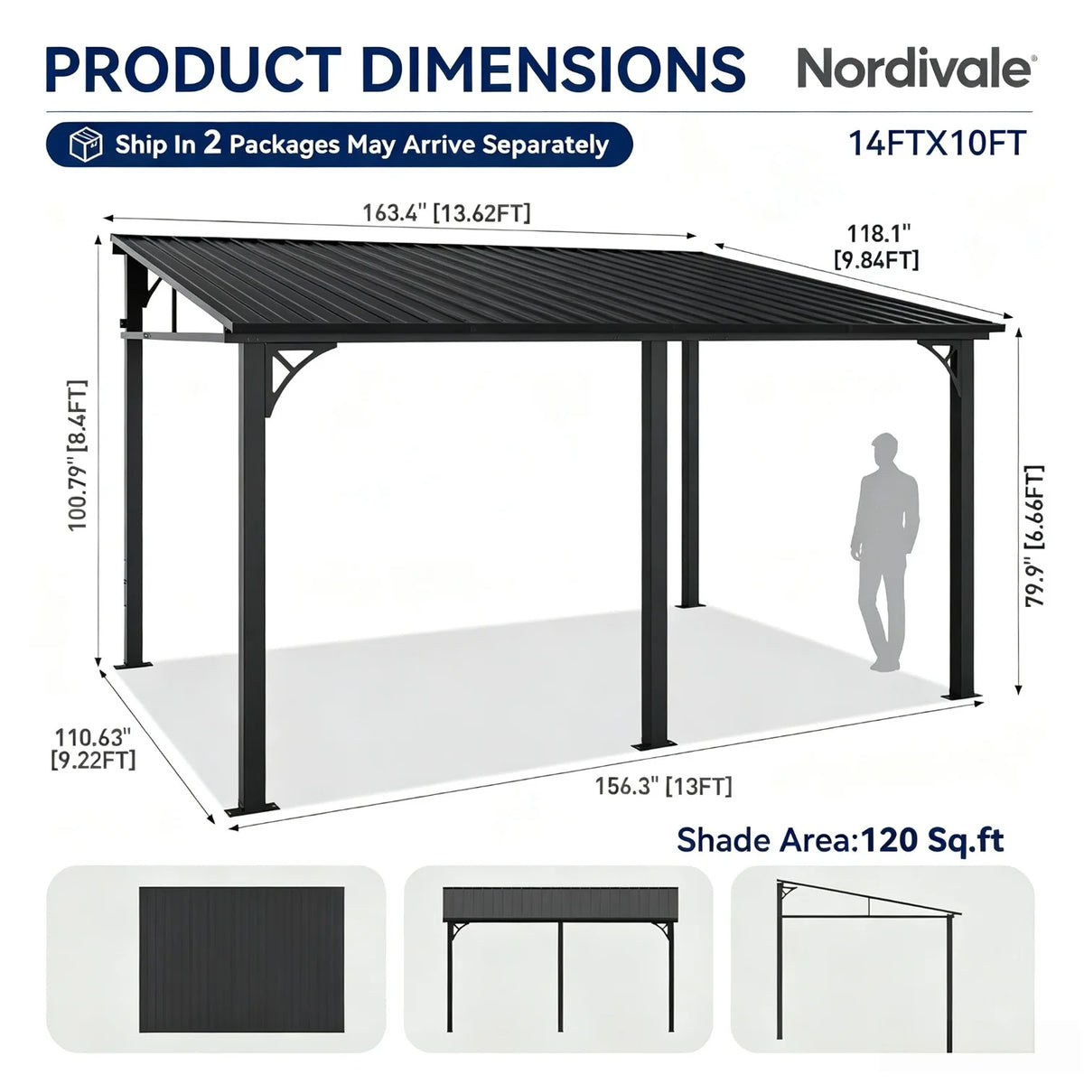 Nordivale 10'x14' Wall Mounted Pergola Gazebo Dark Sloped Galvanized Steel Roof Lean-To Canopy Heavy Duty Outdoor Awning Shelter for Patio Porch Backyard