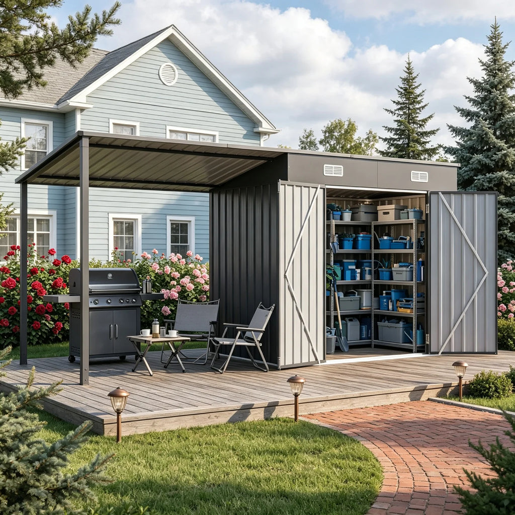 12x4ft Lean To Shed And Hardtop Gazebo Black 6x3.5ft Metal Storage Shed With Pergola 2 In 1 Garden Tool Shed For Patio Backyard Deck