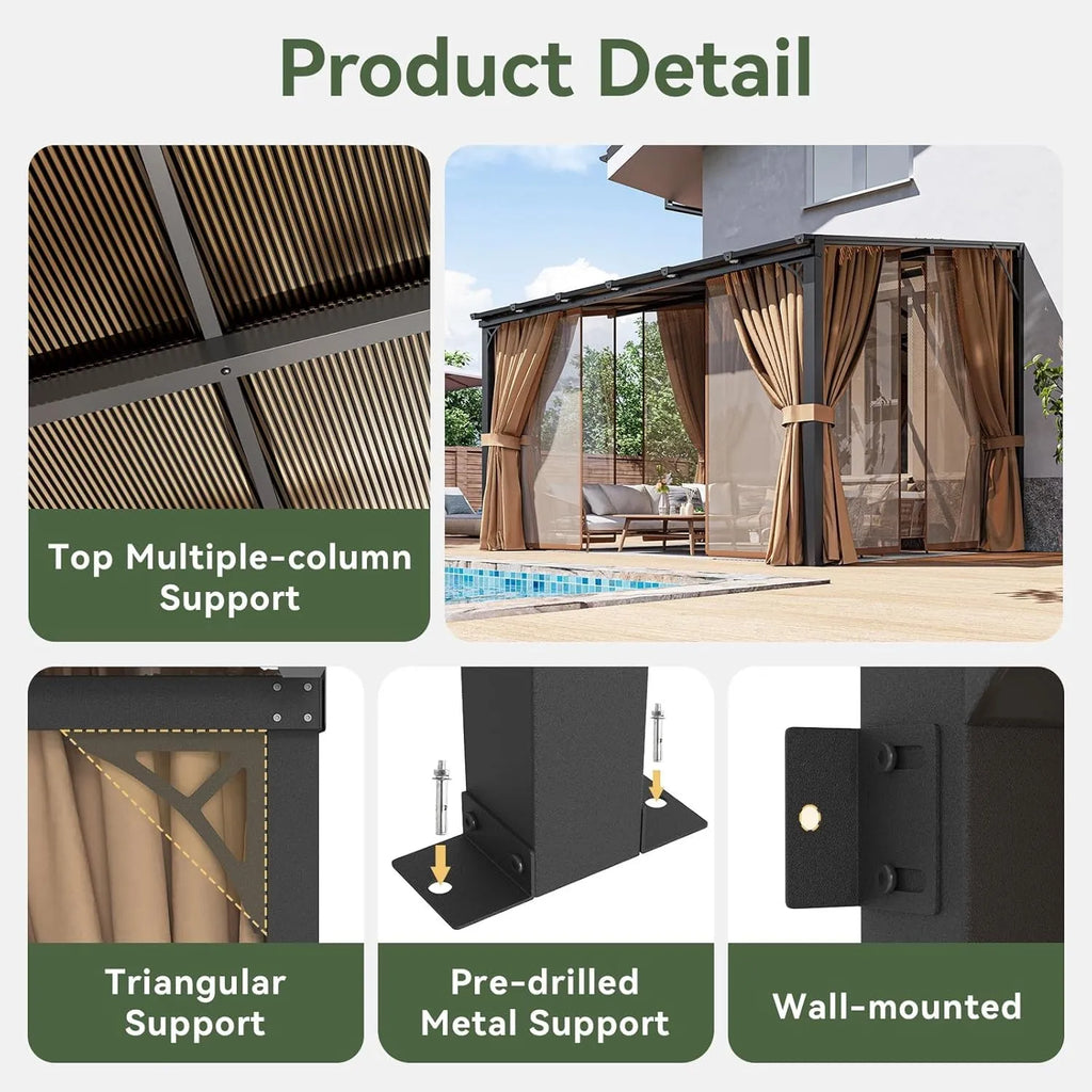 Aoxun 10'x12' Wall Mounted Pergola Gazebo Brown, Sloped Polycarbonate Roof Lean-To Canopy with Curtains & Mosquito Net, Aluminum Frame Outdoor Shelter for Porch Deck Backyard