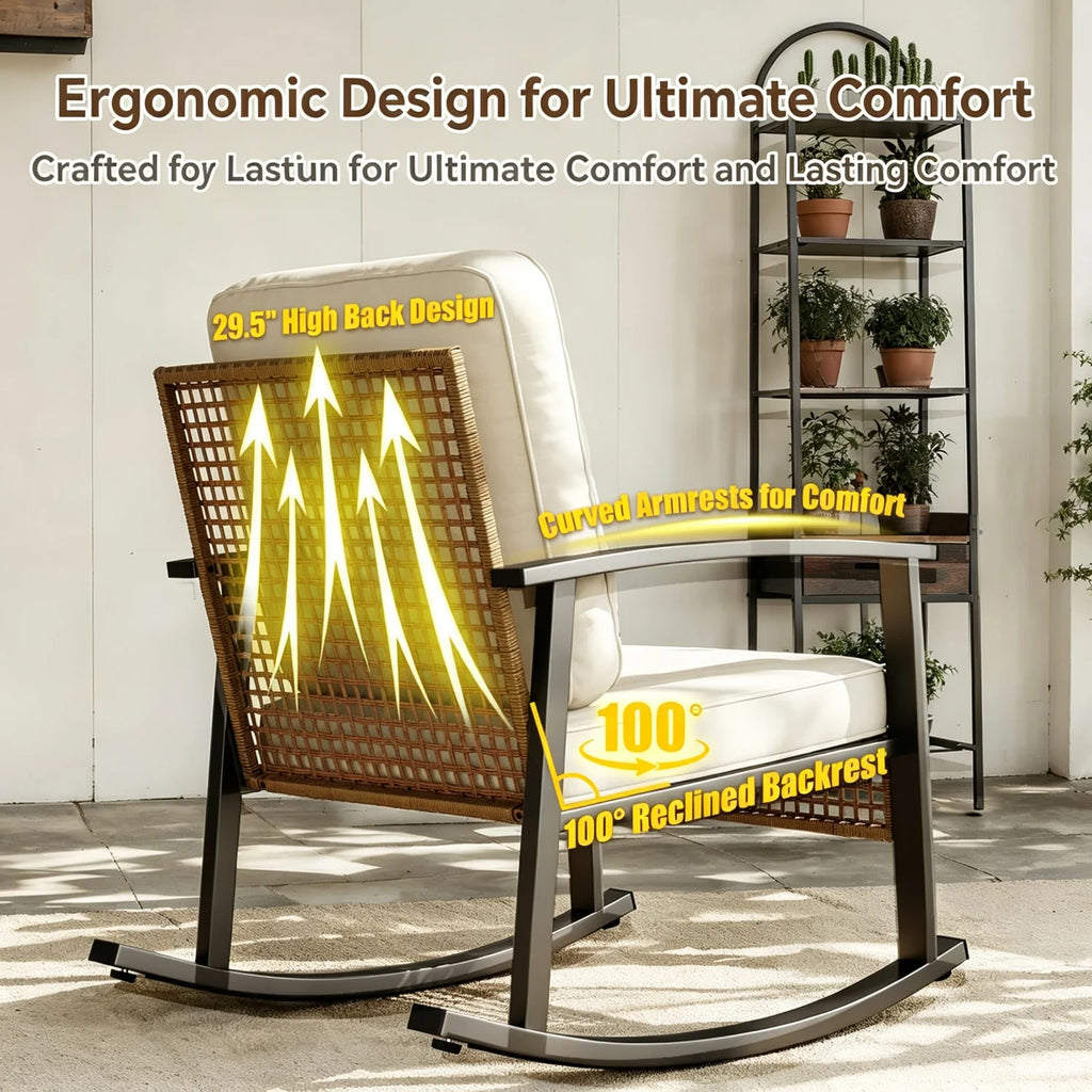 3 Piece Outdoor Rocking Bistro Set Patio Furniture With Coffee Table And Thick Cushions Wicker Rocking Chairs Set Of 2 For Garden Balcony Backyard Poolside Beige