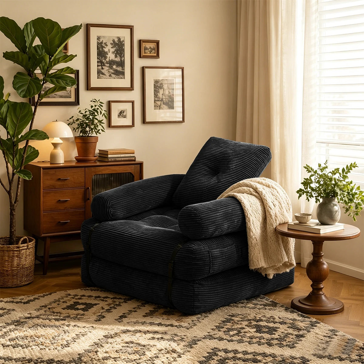 70.8" Oversized Corduroy Recliner Chair, Black Striped Chenille Single Sofa, Plush Deep Seat Lounge Armchair for Living Room Bedroom