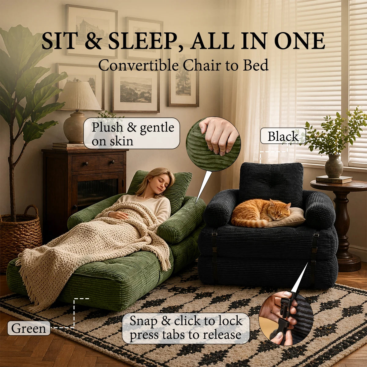 70.8" Oversized Corduroy Recliner Chair, Black Striped Chenille Single Sofa, Plush Deep Seat Lounge Armchair for Living Room Bedroom