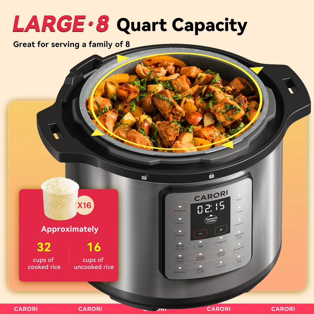 CARORI 1200W 12-in-1 Electric Pressure Cooker 8Qt, Stainless Steel Pressure Cooker, Slow Cook Rice Cooker Steamer Sauté, Yogurt