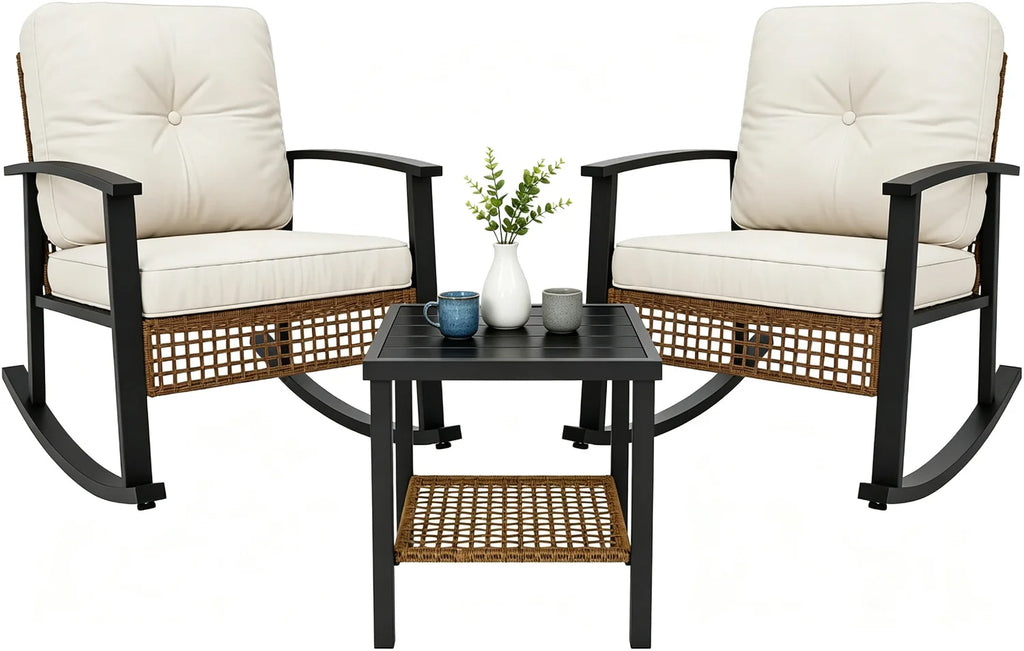3 Piece Outdoor Rocking Bistro Set Patio Furniture With Coffee Table And Thick Cushions Wicker Rocking Chairs Set Of 2 For Garden Balcony Backyard Poolside Beige