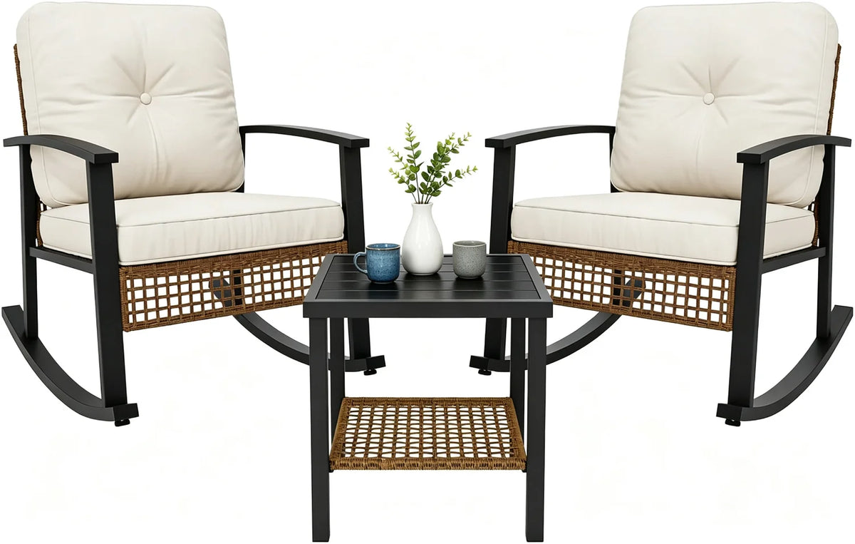 3 Piece Outdoor Rocking Bistro Set Patio Furniture With Coffee Table And Thick Cushions Wicker Rocking Chairs Set Of 2 For Garden Balcony Backyard Poolside Beige