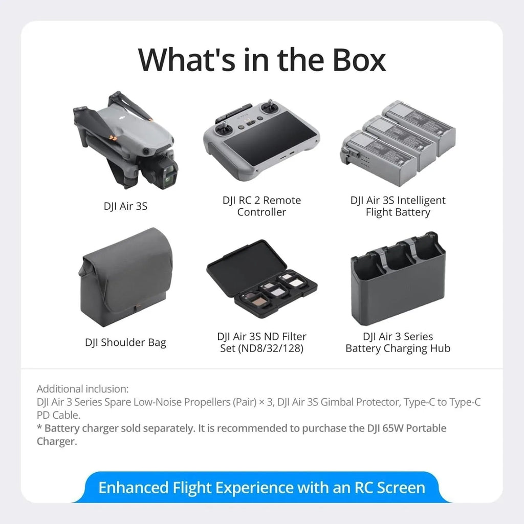 DJI Air 3S Fly More Combo (RC 2 Screen Remote Controller), Drone with 1" CMOS Wide-Angle & Medium Tele Camera for Adults, 4K/60fps, Omnidirectional Sensing & 3 Batteries for Extended Flight Time