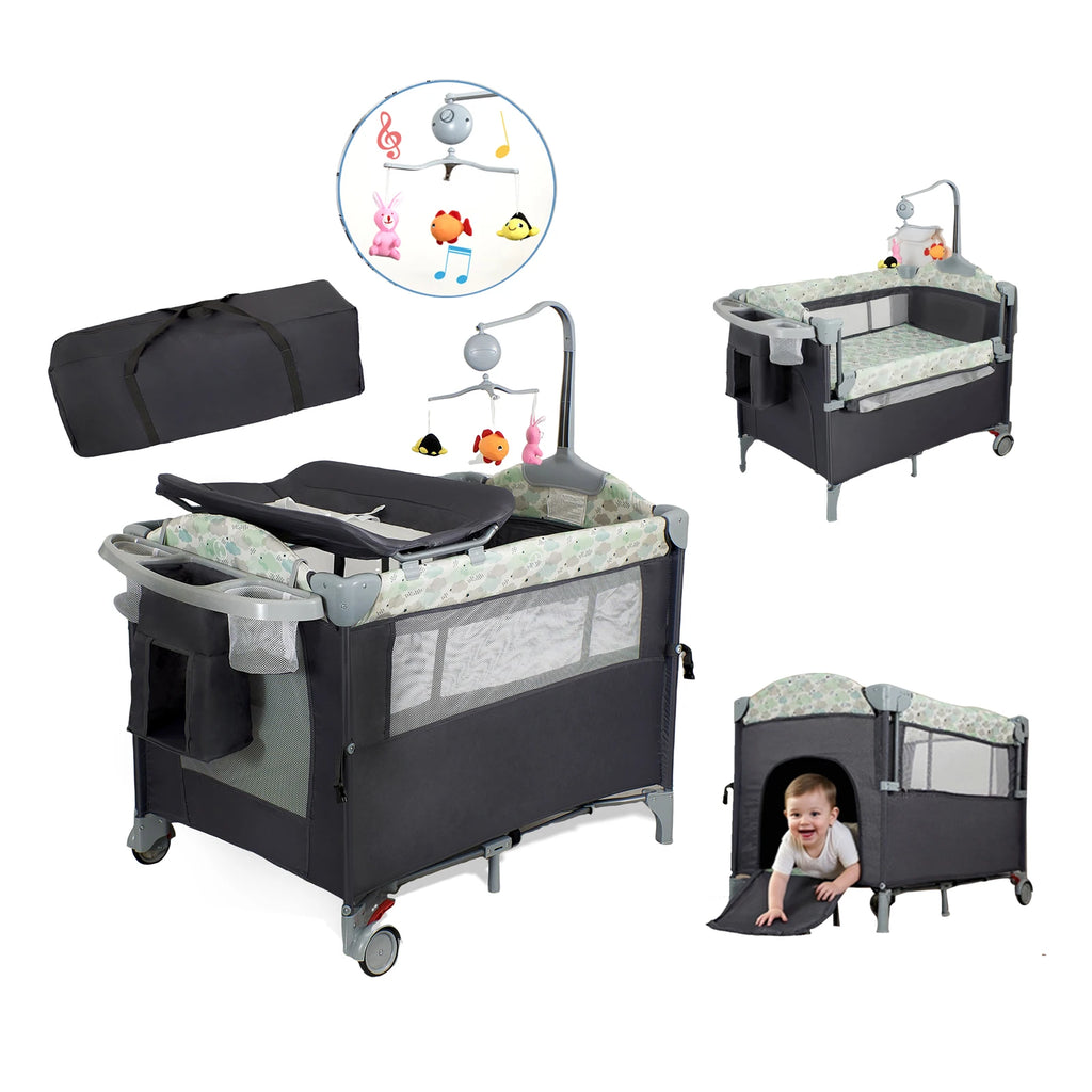 Pack n Play,Playard Bassinet with Changing Table Lockable Wheels Music Box Pack and Play Foldable Playard for Infant to Toddler