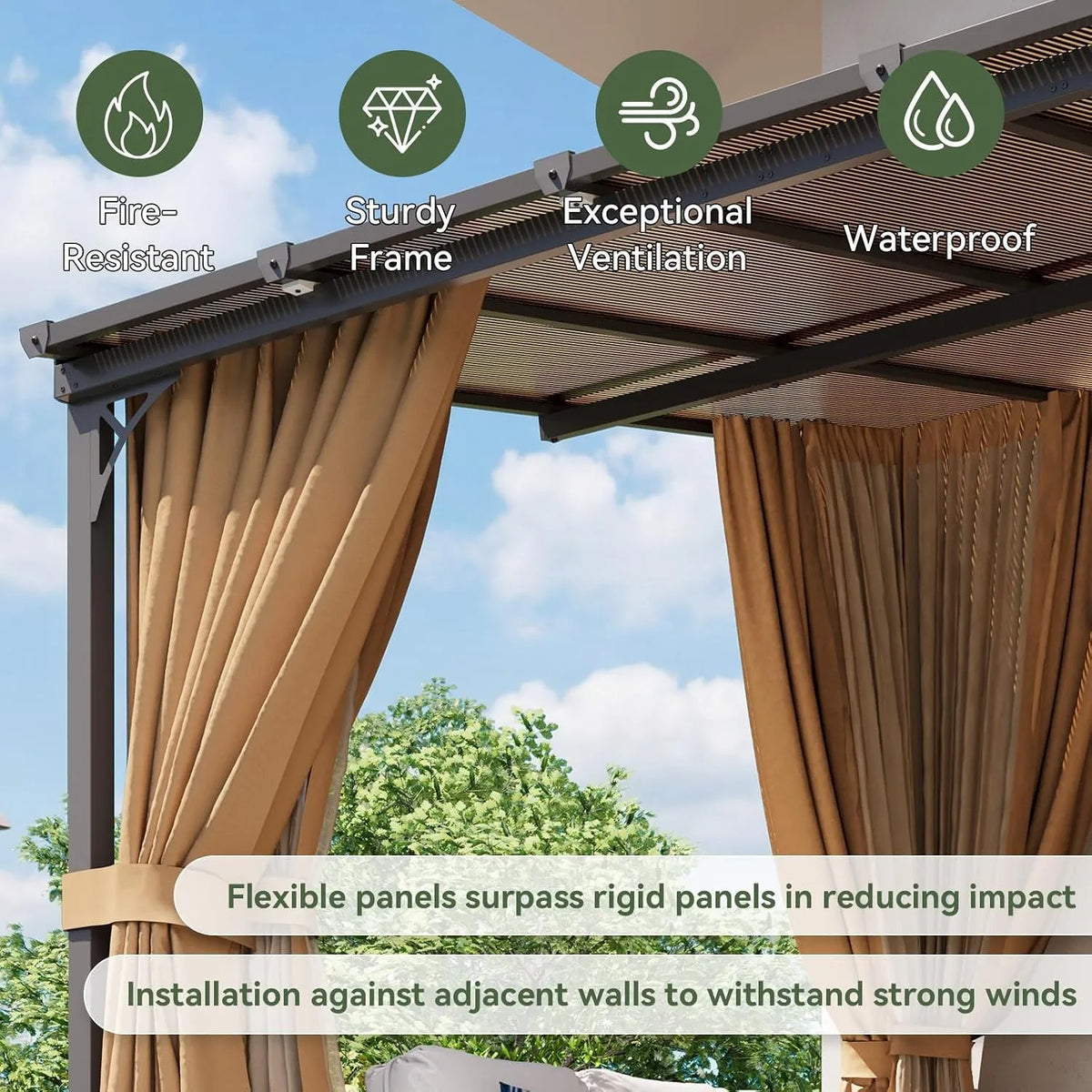Aoxun 10'x12' Wall Mounted Pergola Gazebo Brown, Sloped Polycarbonate Roof Lean-To Canopy with Curtains & Mosquito Net, Aluminum Frame Outdoor Shelter for Porch Deck Backyard