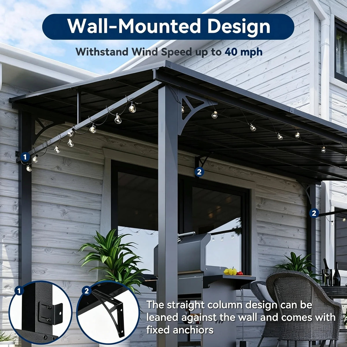 Nordivale 10'x14' Wall Mounted Pergola Gazebo Dark Sloped Galvanized Steel Roof Lean-To Canopy Heavy Duty Outdoor Awning Shelter for Patio Porch Backyard