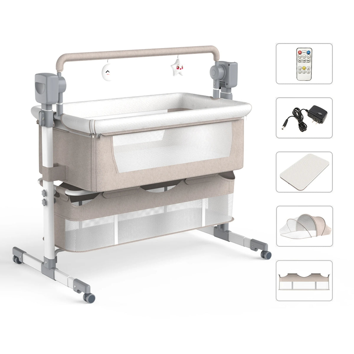 Bassinet for Baby,Automatic Rocking Bassinet with Remote,Wheels, Newborn Bedside Sleeper,Co-sleeper suit 0-6M, Travel Baby Cribs