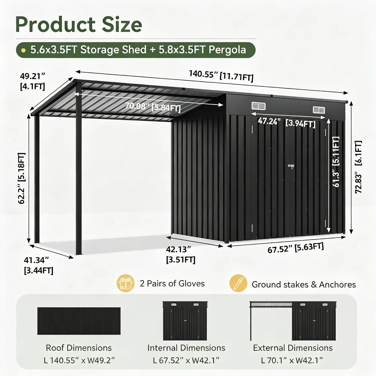 12x4ft Lean To Shed And Hardtop Gazebo Black 6x3.5ft Metal Storage Shed With Pergola 2 In 1 Garden Tool Shed For Patio Backyard Deck