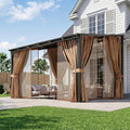 Aoxun 10'x12' Wall Mounted Pergola Gazebo Brown, Sloped Polycarbonate Roof Lean-To Canopy with Curtains & Mosquito Net, Aluminum Frame Outdoor Shelter for Porch Deck Backyard