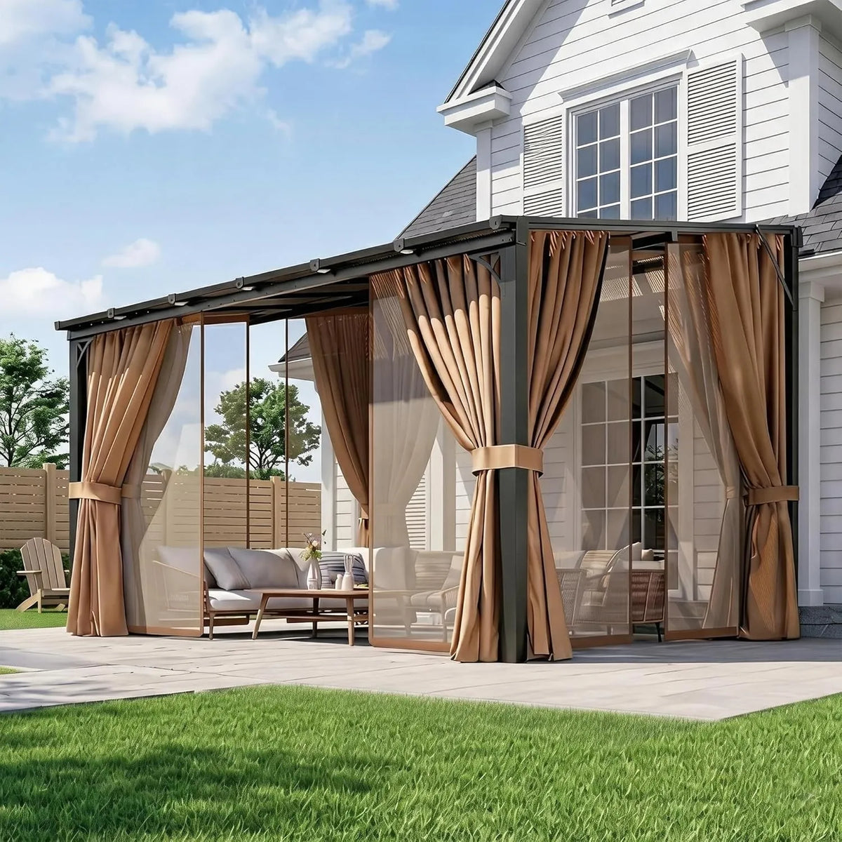 Aoxun 10'x12' Wall Mounted Pergola Gazebo Brown, Sloped Polycarbonate Roof Lean-To Canopy with Curtains & Mosquito Net, Aluminum Frame Outdoor Shelter for Porch Deck Backyard
