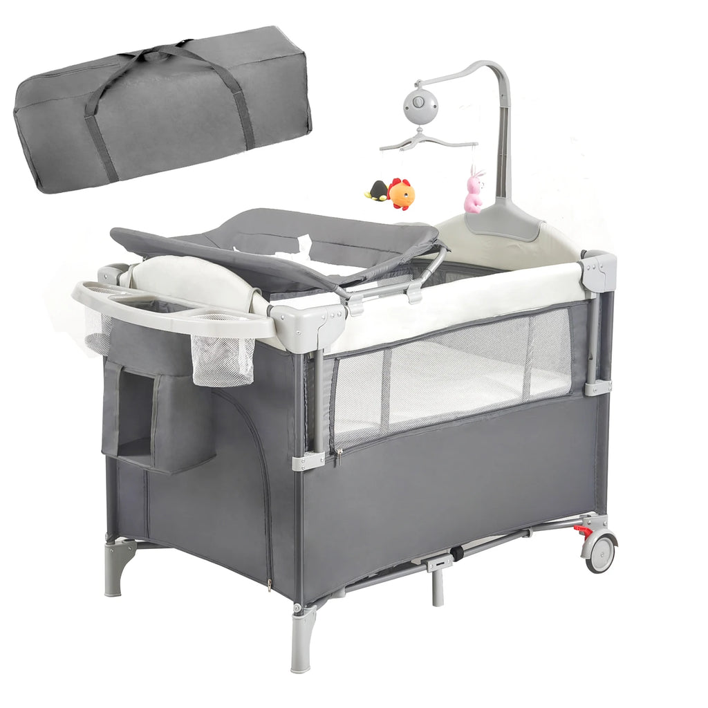 Pack n Play,Playard Bassinet with Changing Table Lockable Wheels Music Box Pack and Play Foldable Playard for Infant to Toddler