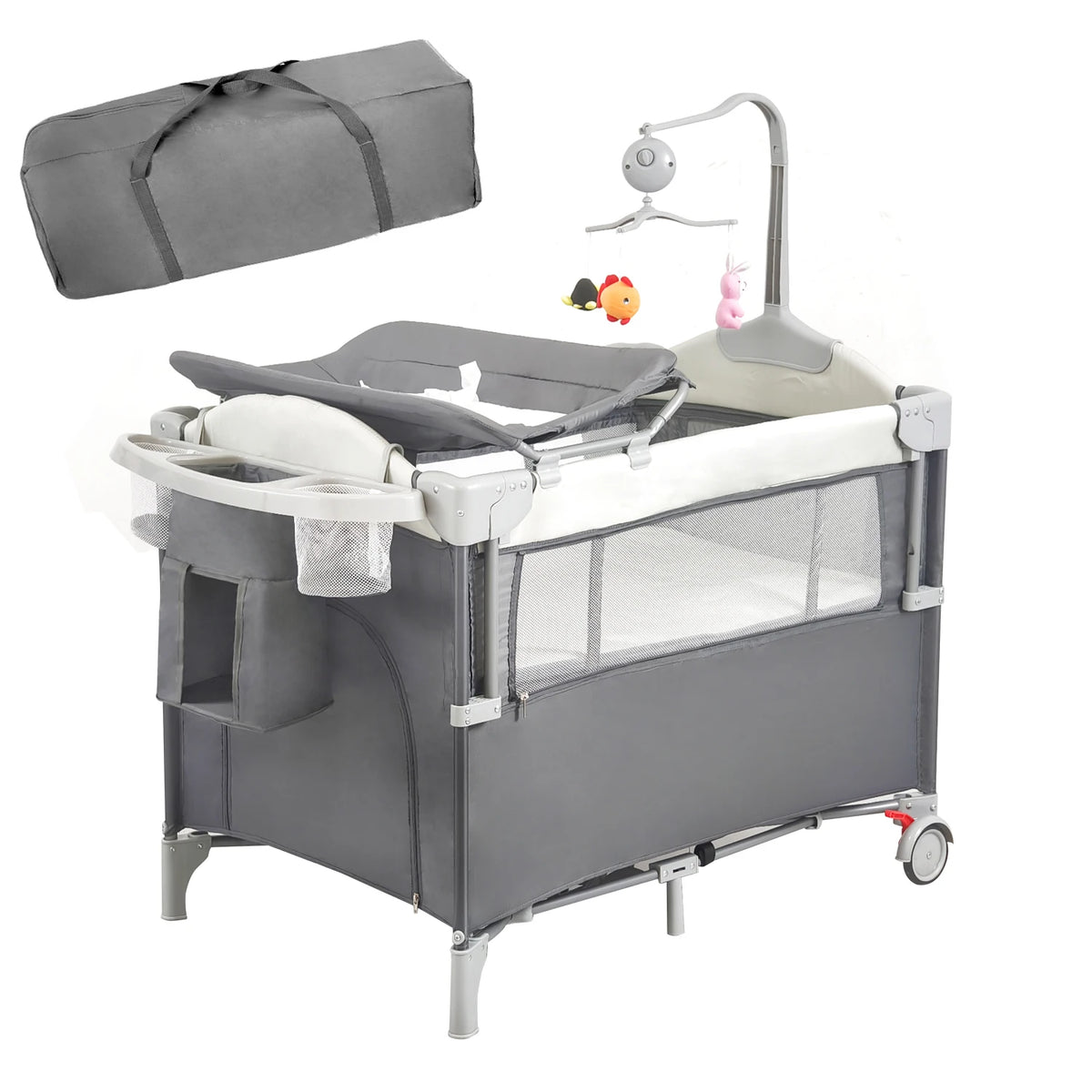Pack n Play,Playard Bassinet with Changing Table Lockable Wheels Music Box Pack and Play Foldable Playard for Infant to Toddler
