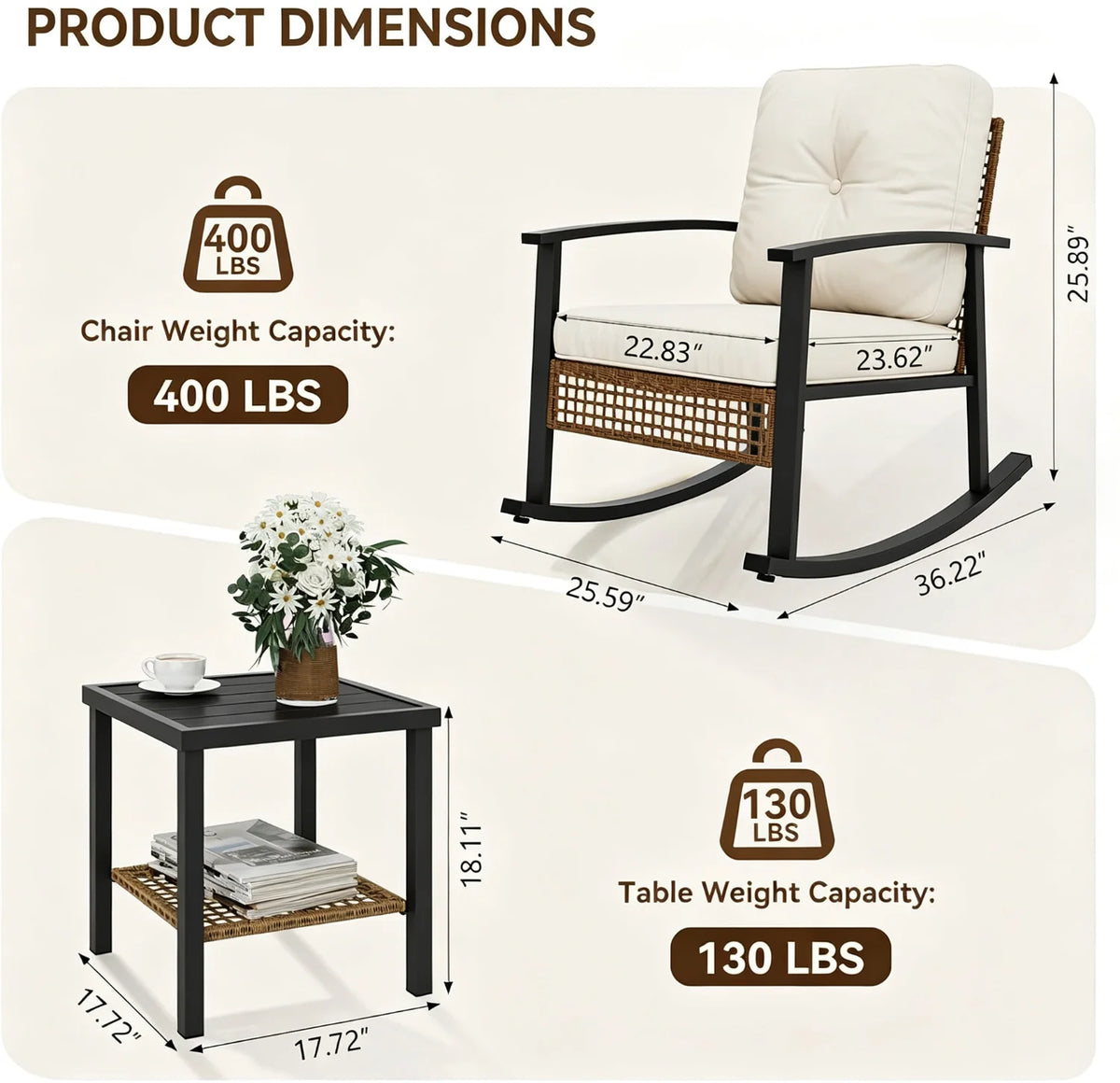 3 Piece Outdoor Rocking Bistro Set Patio Furniture With Coffee Table And Thick Cushions Wicker Rocking Chairs Set Of 2 For Garden Balcony Backyard Poolside Beige