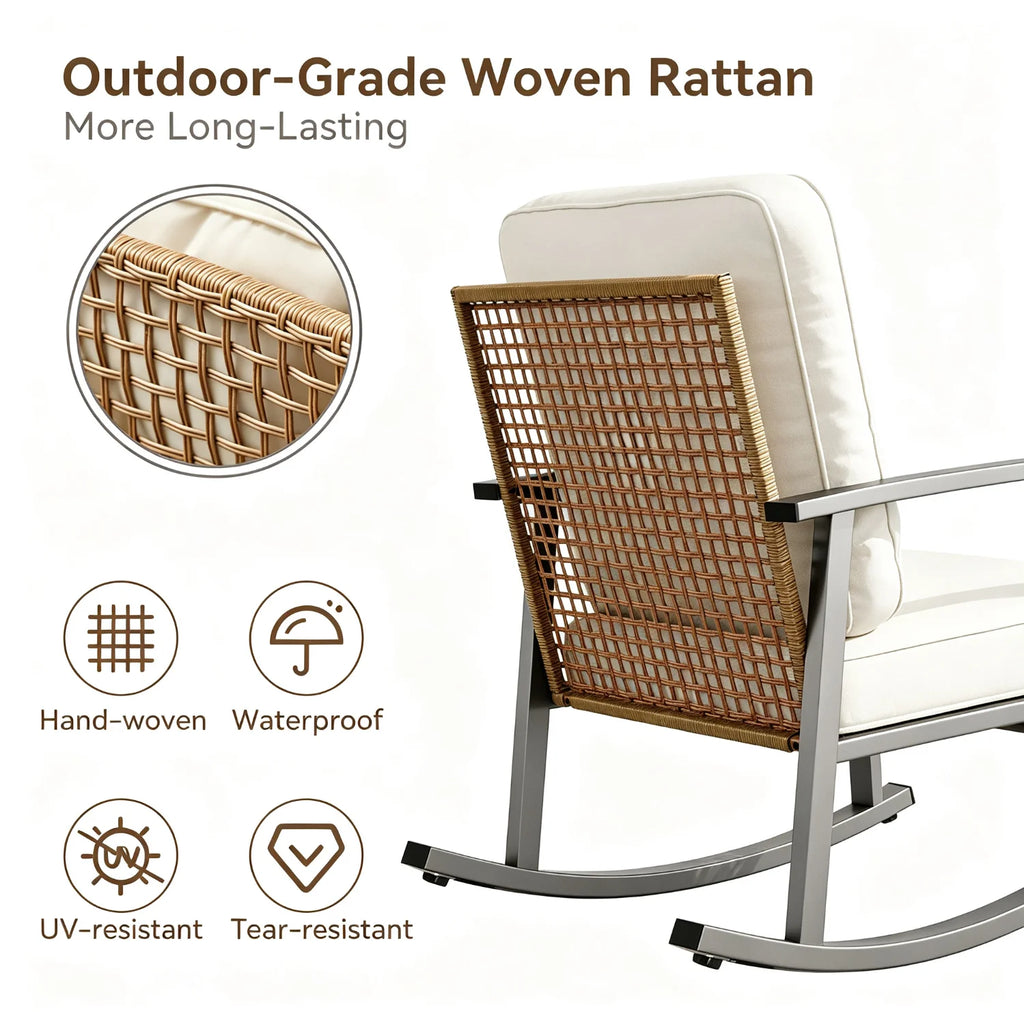 3 Piece Outdoor Rocking Bistro Set Patio Furniture With Coffee Table And Thick Cushions Wicker Rocking Chairs Set Of 2 For Garden Balcony Backyard Poolside Beige
