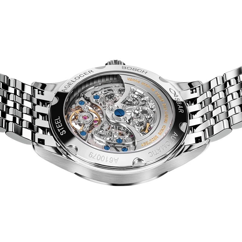 AGELOCER Original Baroque Art Carved Watch Steel Strap Men's Hollow Carved Automatic Mechanical Watch Birthday Gift for Men