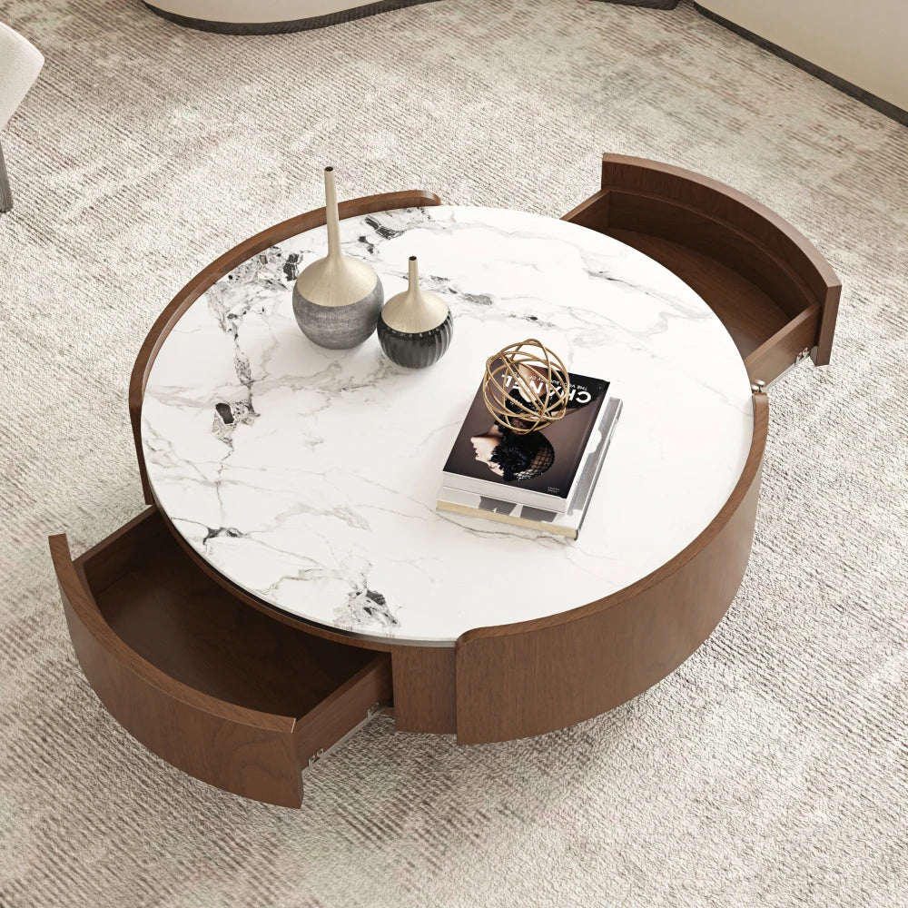 Round Stone Top Coffee Table Dual Storage Drawers Walnut Wood Frame Black Ball Feet Cocktail Table for Living Room Home Office