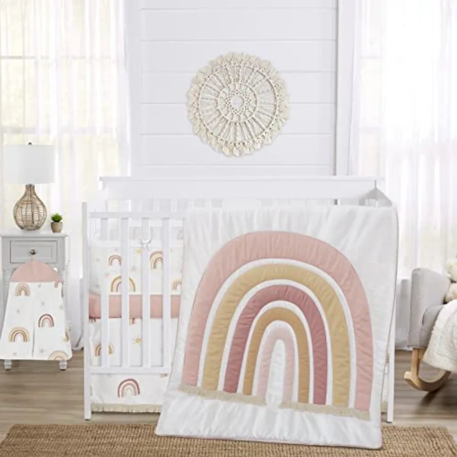 Boho Rainbow Girl Baby Crib Bedding Set Infant Nursery BreathableBaby Breathable Mesh Crib Liner Blanket Sheet Skirt 6 PC Blush