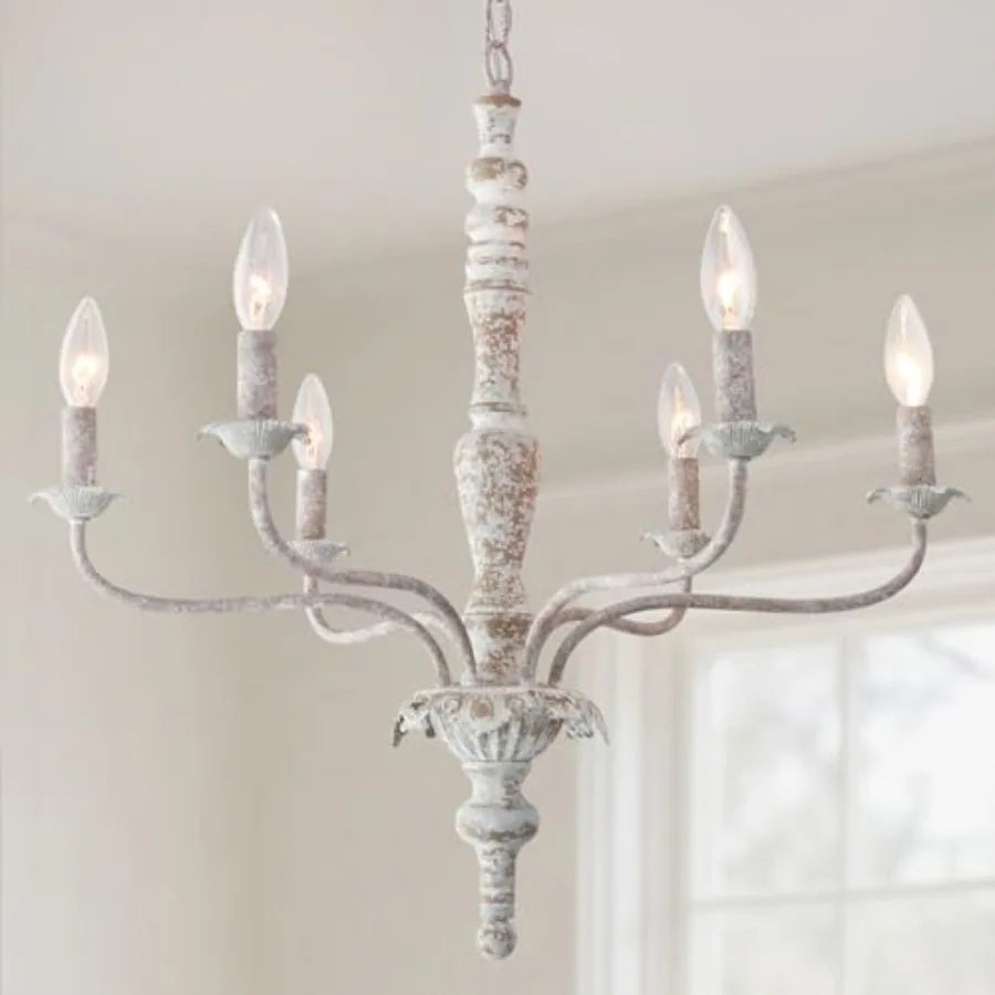 6-Lights French Country Chandelier for Dining Room, Living Room, Kitchen Island, Bedroom Distressed Wood, White, Vintage Modern