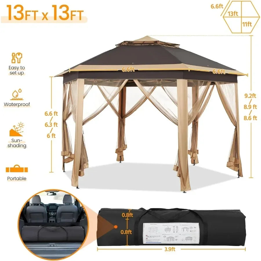 13x13 Pop Up Gazebo Double-Tier W/Mesh Netting Patio Canopy Brown