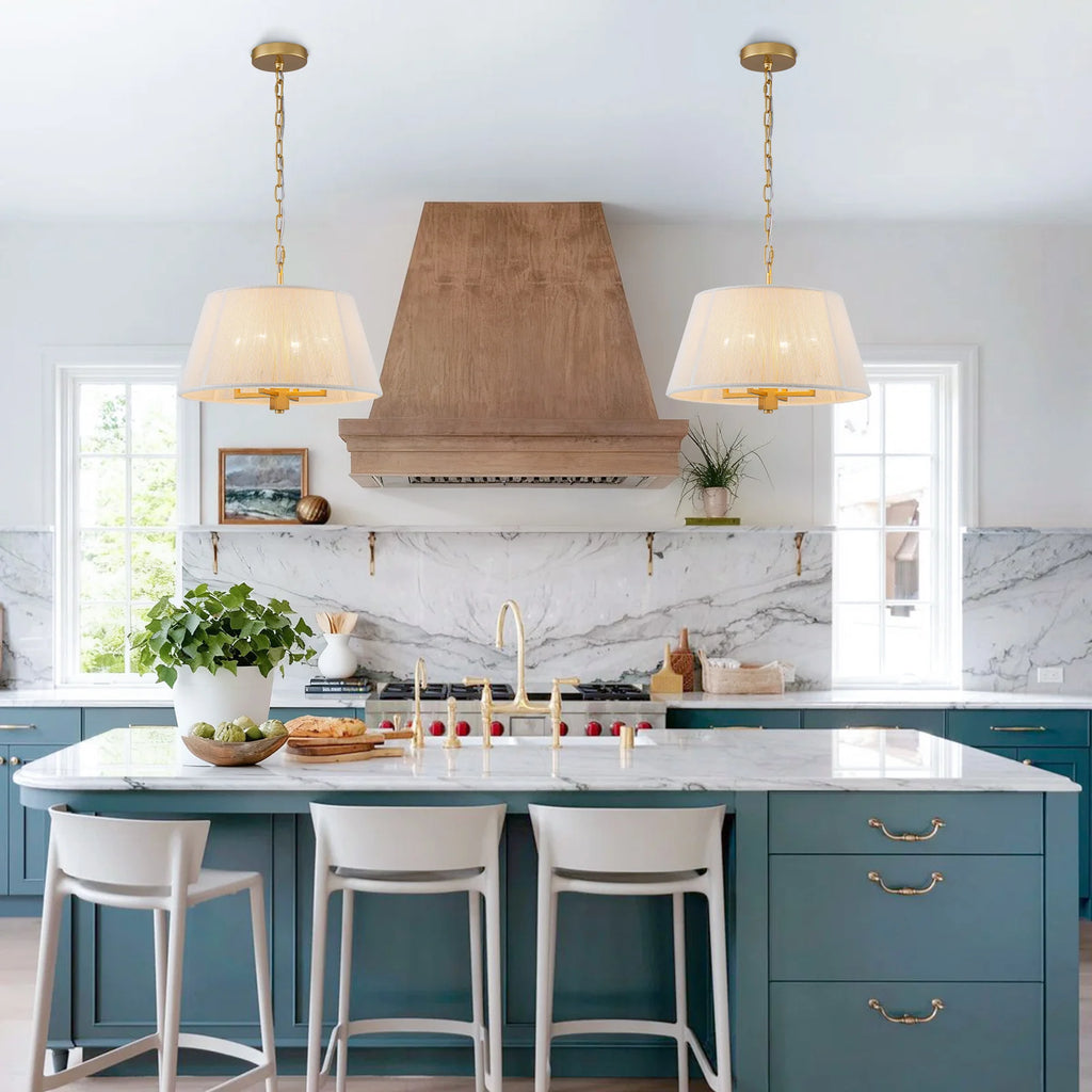 15.75" Gold Drum Pendant Light 4-Light Rattan Chandelier Large Pendant Light Fixtures for Dining Room Kitchen Island Living Room