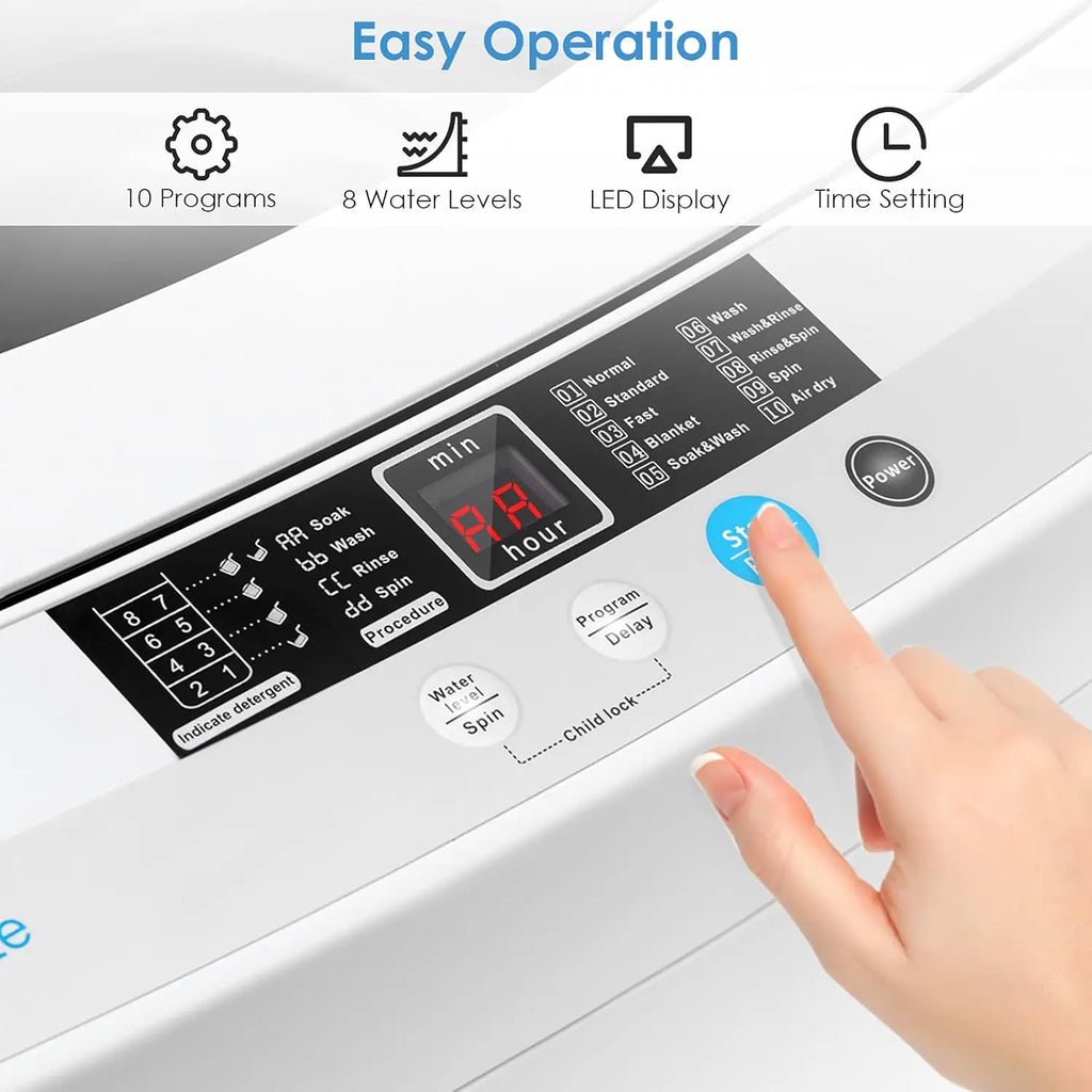 Portable Compact Washing Machine, 12lbs Capacity, Full-Automatic with Drain Pump, 10 Programs & 8 Water Levels