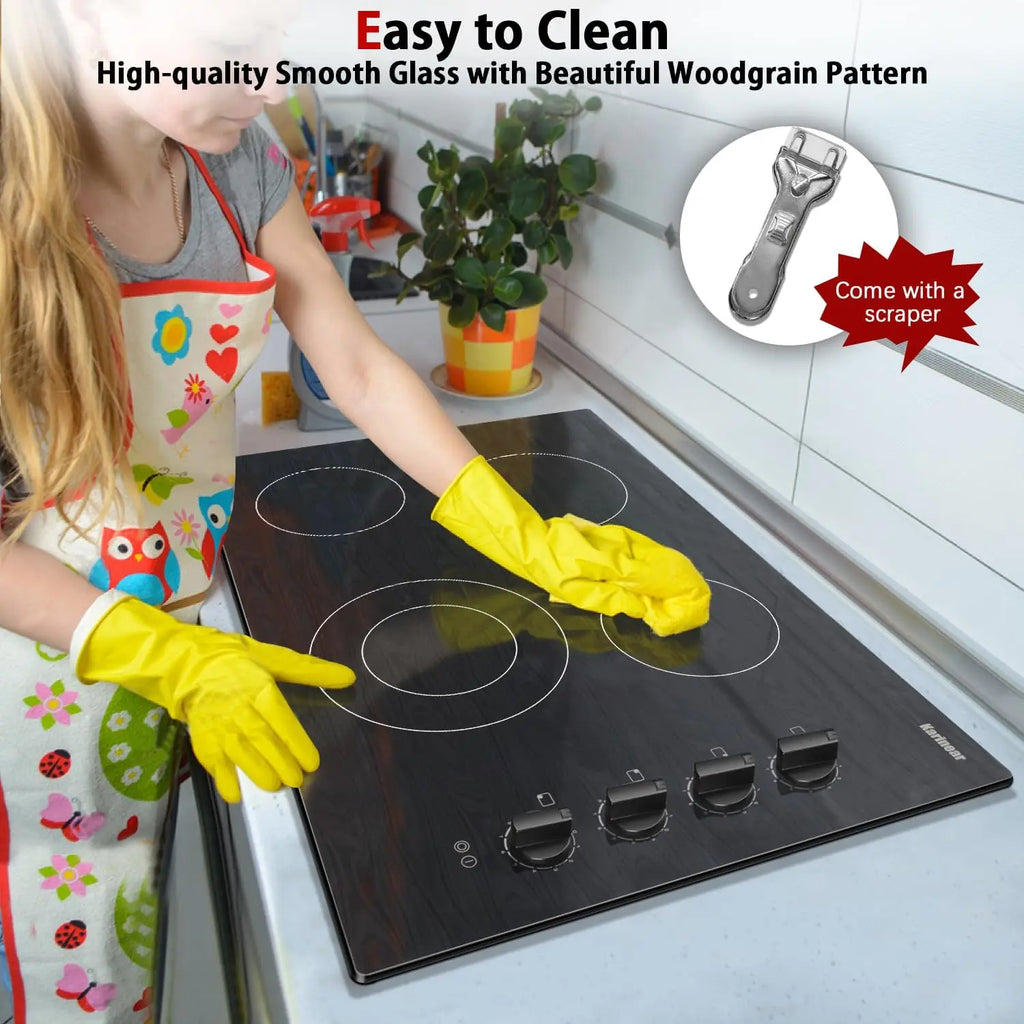 Karinear 4 Burners Ceramic Electric Cooktop, Knob Control, Beautiful Wooden Pannel, 30" Built-in,6700W, 220-240v Hard Wired
