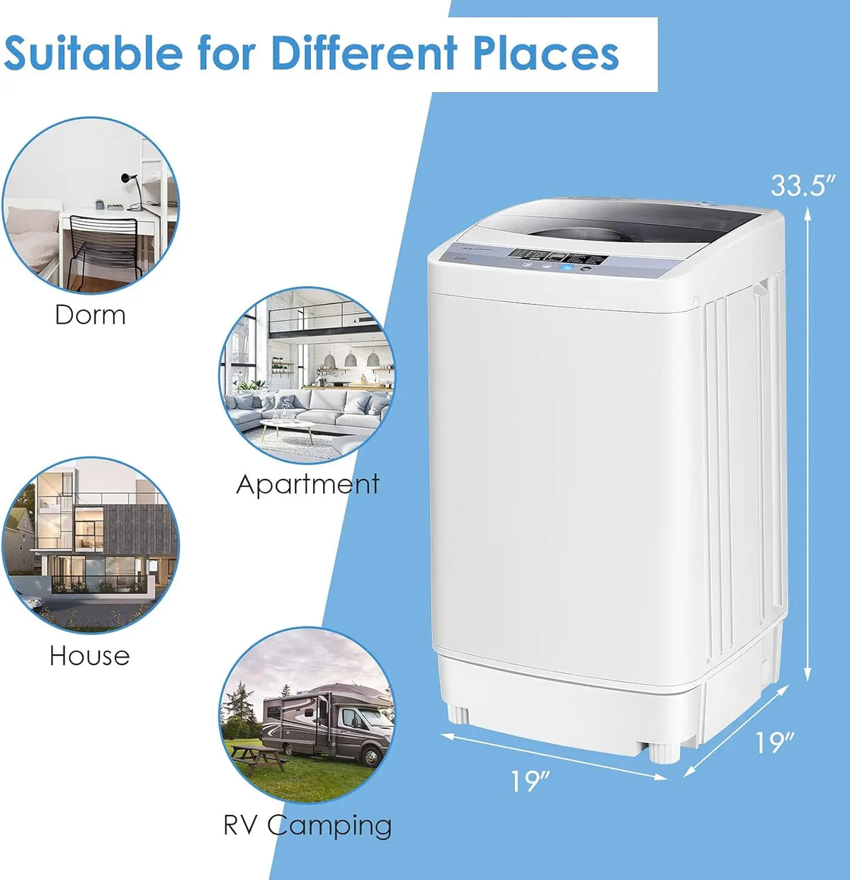 Portable Compact Washing Machine, 12lbs Capacity, Full-Automatic with Drain Pump, 10 Programs & 8 Water Levels