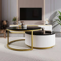 31.5'' Modern Round Fluted Nesting Coffee Table with Storage Drawer, White & Gold Accent Side Table for Living Room Home Decor