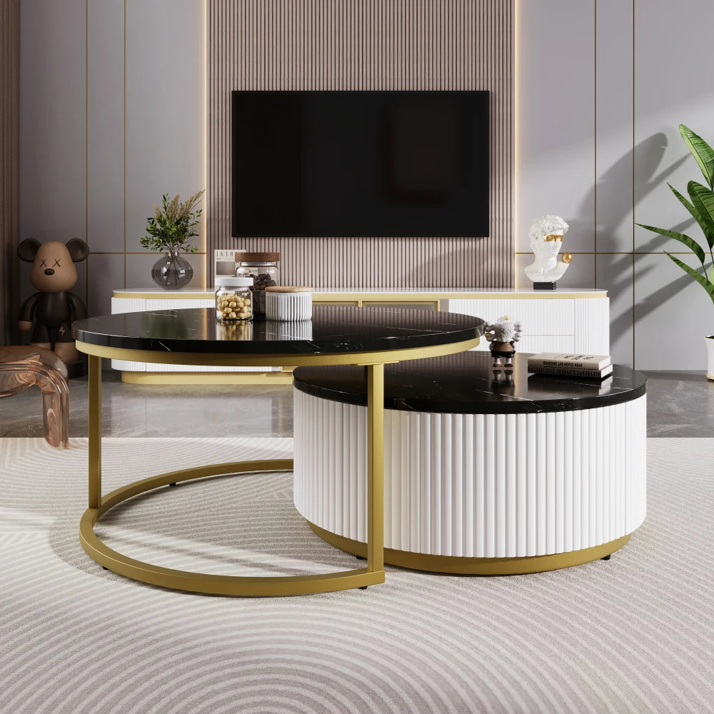 31.5'' Modern Round Fluted Nesting Coffee Table with Storage Drawer, White & Gold Accent Side Table for Living Room Home Decor