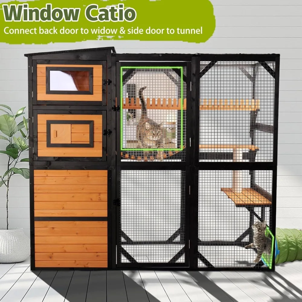 Catio Outdoor Cat Enclosures, Large 4 Tiers Wood Cat House, Cat Enclosure Connect to Window with Weatherproof Roof, 4 Platforms
