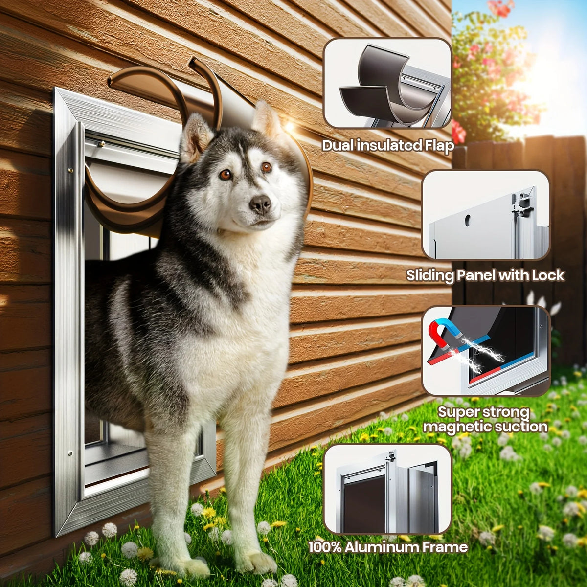 Heavy-Duty All-Aluminum Dog Door for Wall Suitable for Pets Up to 110 Lbs, Magnetic Sliding Lock Panel & Telescoping Tunnel, Double Magnetic Flaps Energy-Efficient Pet Door with Lockable Panel for /Outdoor Use (No Installatio