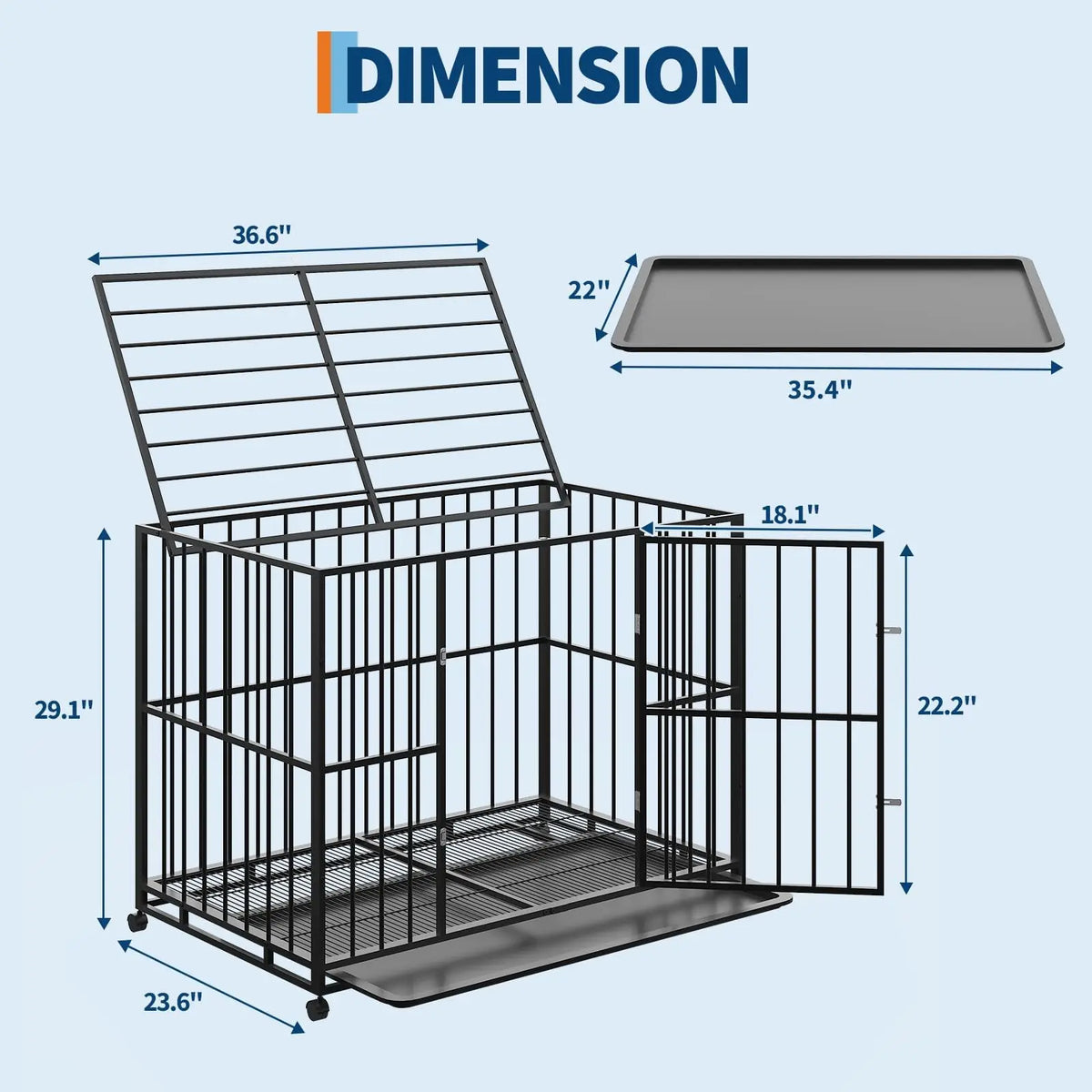 36/42/48 Inch Heavy Duty Stainless Steel Dog Crate Escape Proof Indestructible Dog Kennel  With Wheels & Removable Tray