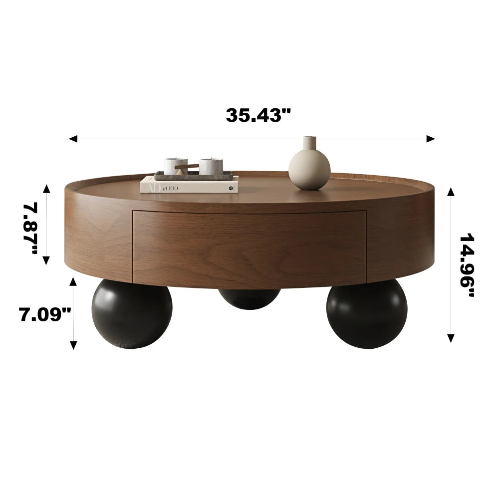 Round Walnut Coffee Table with Storage Drawer and Black Ball Feet, Mid-Century Modern Wooden Cocktail Table for Living Room FYCT