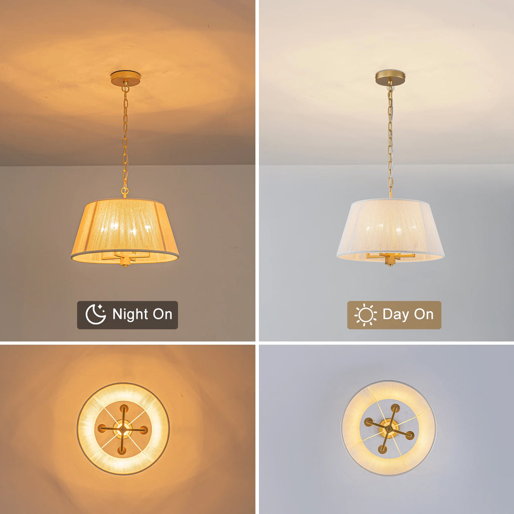 15.75" Gold Drum Pendant Light 4-Light Rattan Chandelier Large Pendant Light Fixtures for Dining Room Kitchen Island Living Room