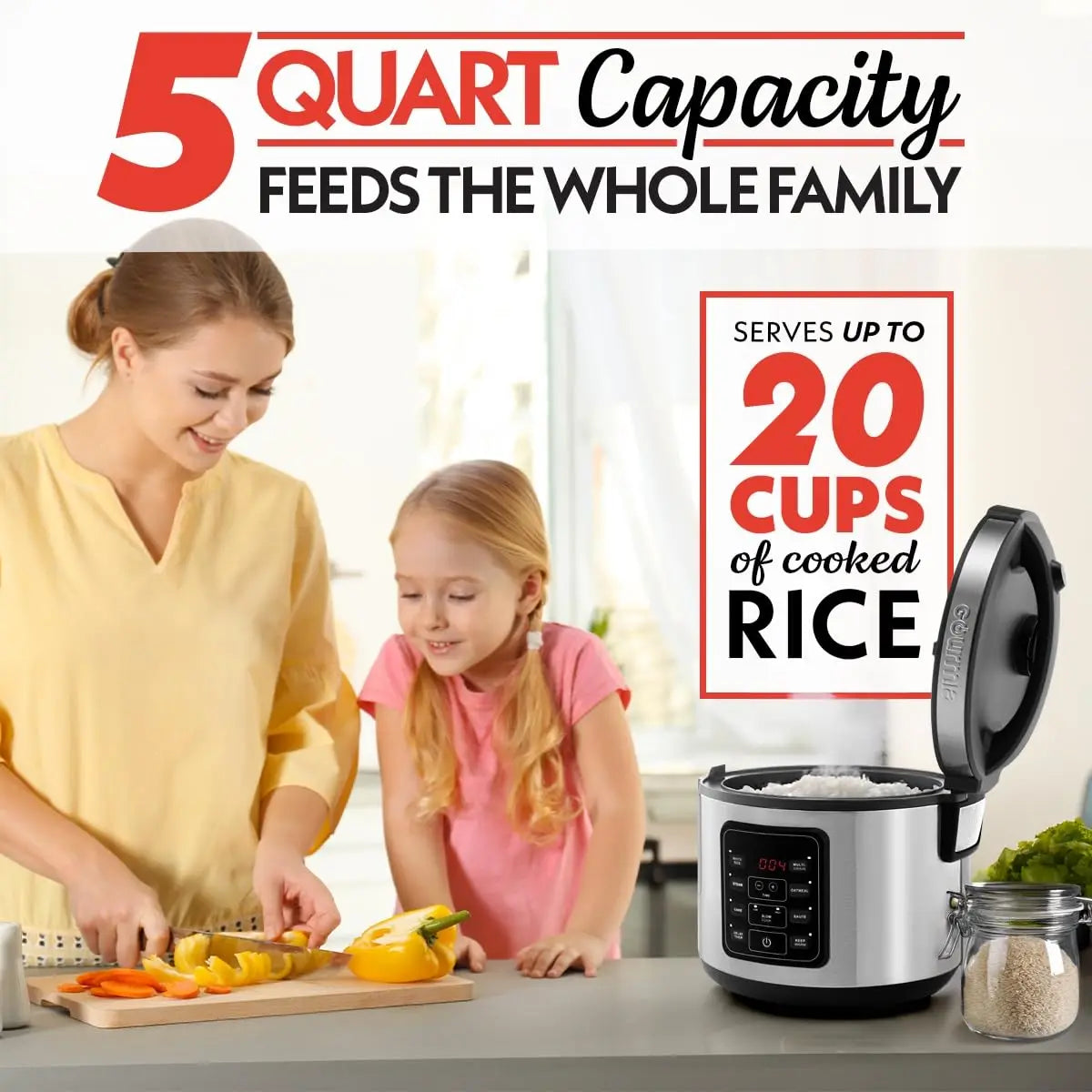 5 Qt Rice Cooker with Digital Controls, 20 Cup Cooked, 10 Cup Uncooked, Nonstick Pot, Steam Tray, Delay Timer, Keep Warm