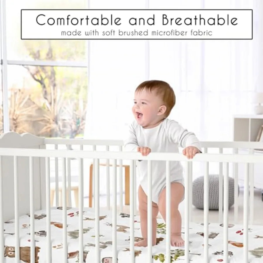 4-Piece Baby Crib Bedding Set Woodland Animals for Boys or Girls Infants/Nursery incl. Blanket Fitted Sheet Skirt Diaper Stacke