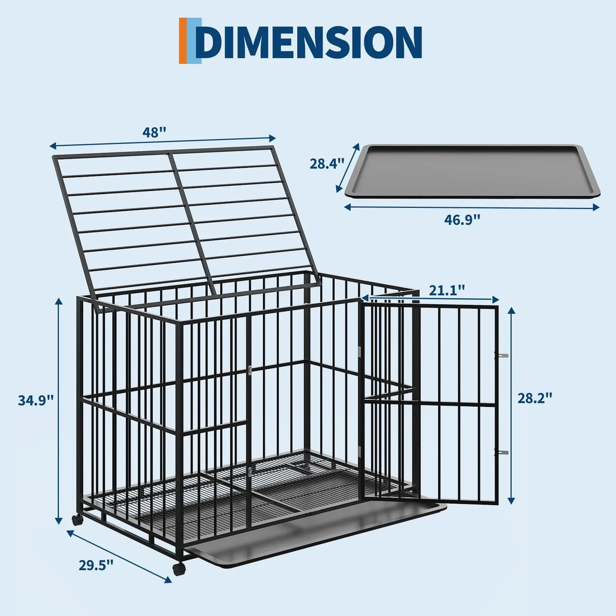 36/42/48 Inch Heavy Duty Stainless Steel Dog Crate Escape Proof Indestructible Dog Kennel  With Wheels & Removable Tray