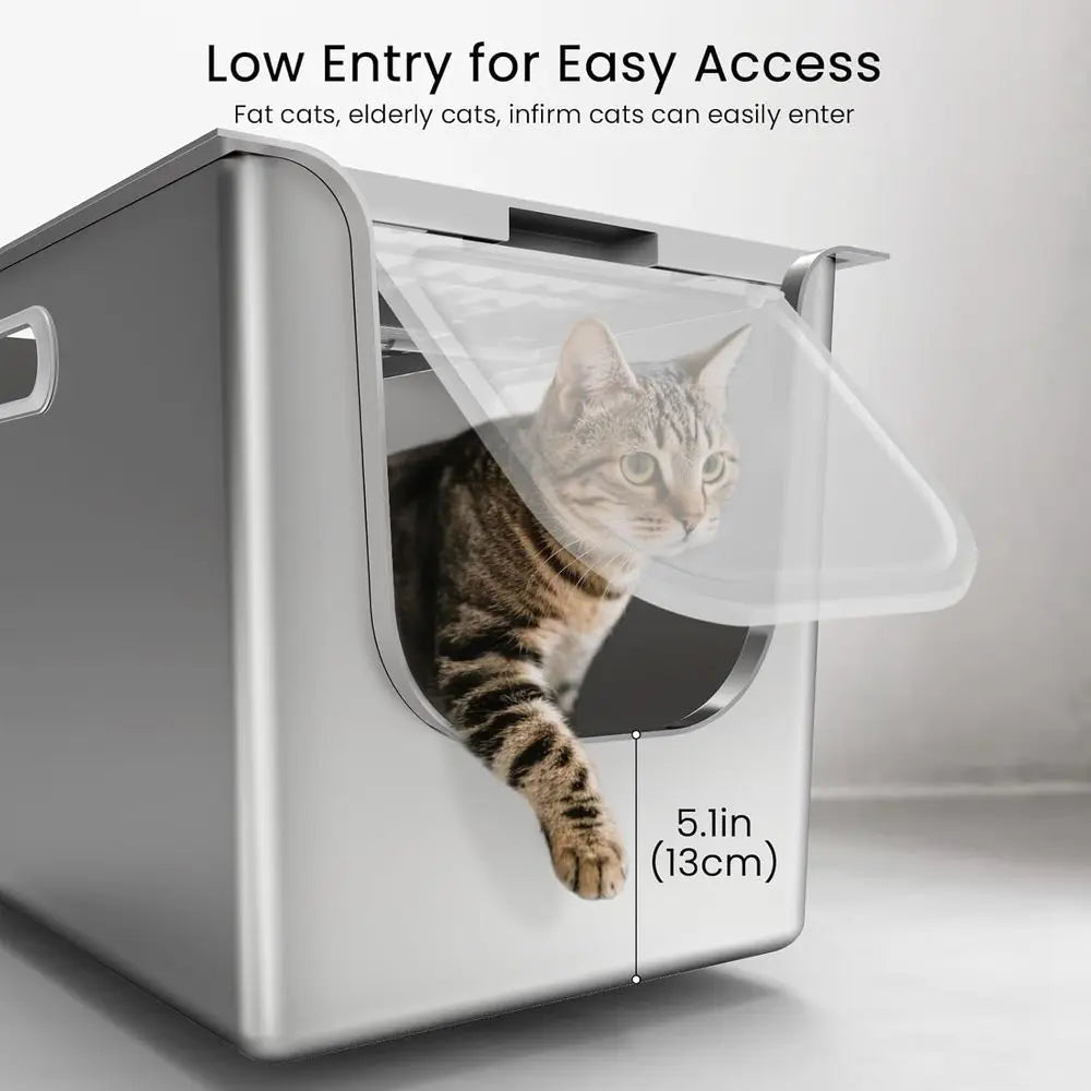 StainlSteel Litter Box with Lid, Cat Litter Box with Door 14.5'' High Sides, XL Metal Kitty Litter Pan, Pet Toilet with Wheels o